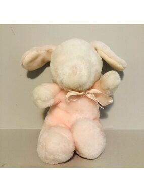 Eatons Pink Bunny Plush Rattle Baby Cuddle Toy White Bow Ribbon Vintage 80s
